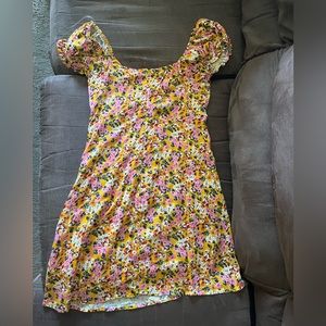 All In Favor Orange Pink Multicolor XS Women Ditsy Floral Puff Sleeve Mini Dress